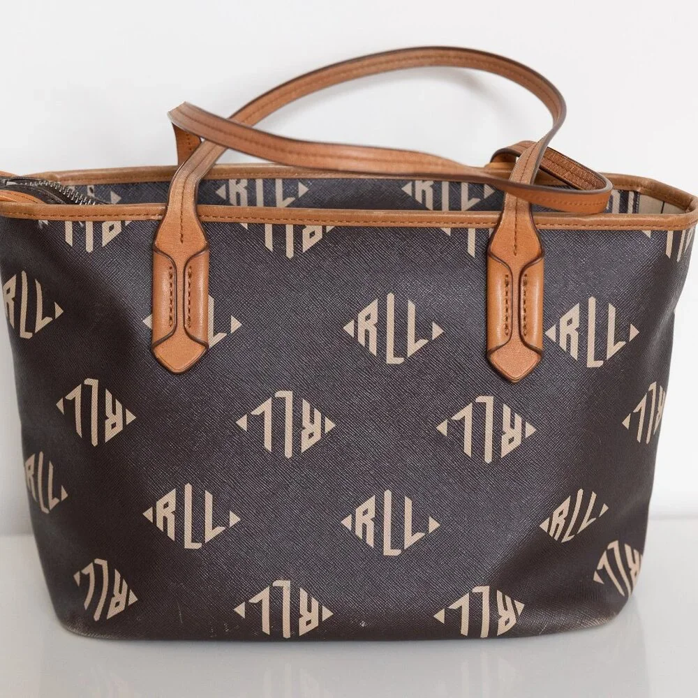 Lauren Ralph Lauren Brown Monogram Tote Bag Shopper Purse Handbag - Picture 5 of 11